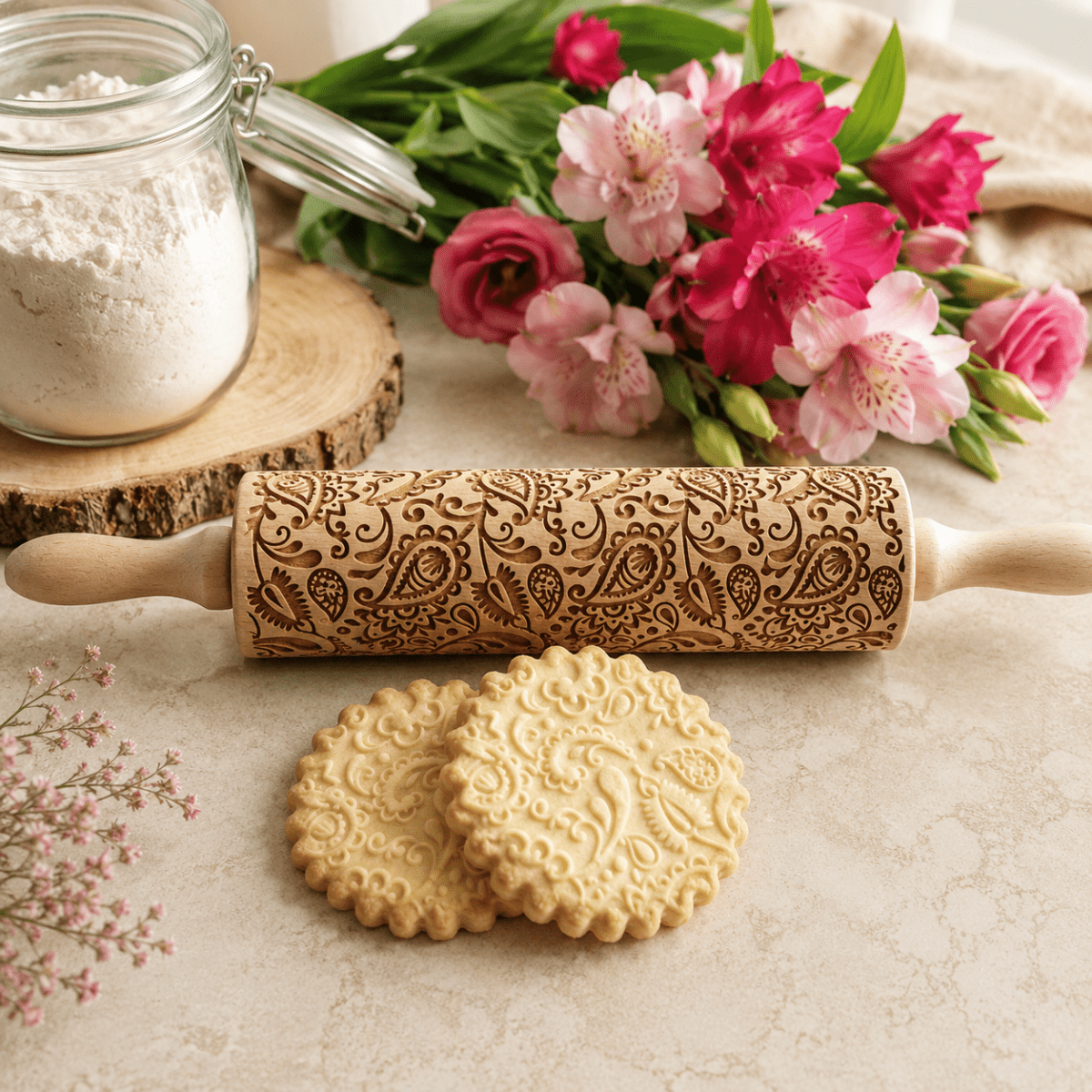 An embossed rolling pin being rolled across a sheet of chilled cookie dough