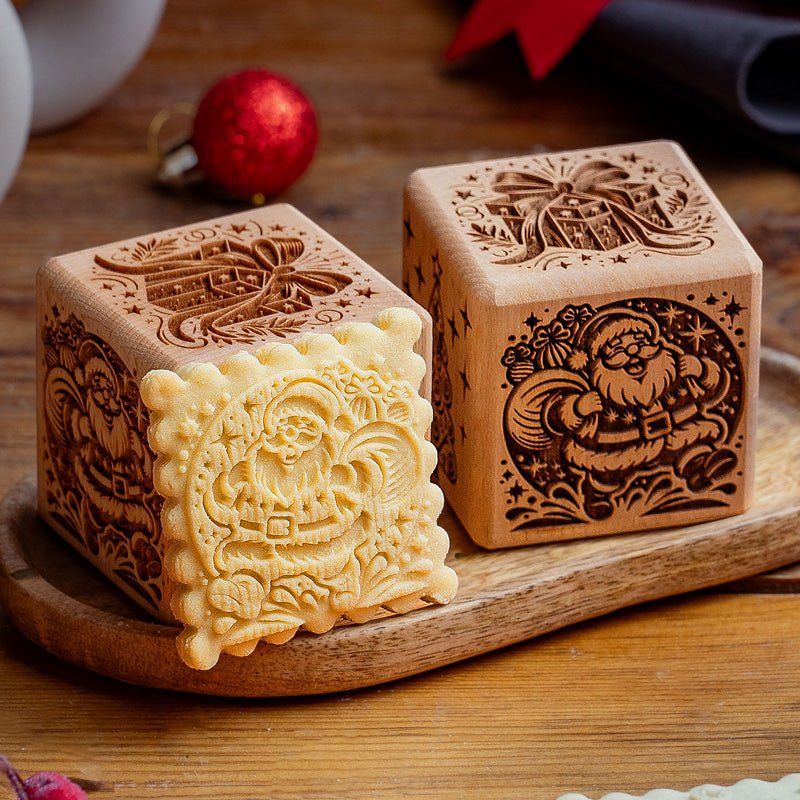 Two 6-in-1 cookie cubes with a cookie stamped with a Christmas design