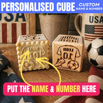 World Cup 2026 cookie stamp cube in wood, six engraved faces, with the stamped cookies it makes