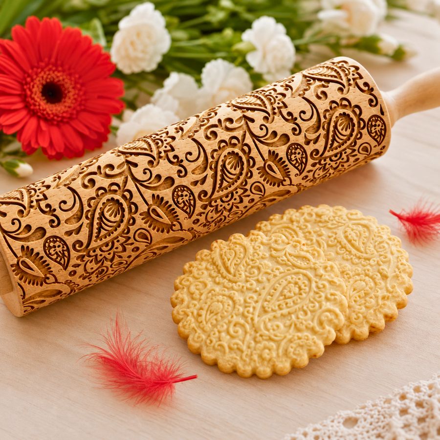 Floral Paisley pattern engraved on a wooden embossed rolling pin, beside the shortbread cookies it prints