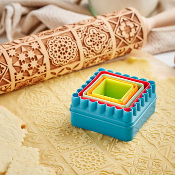 Set of five square cookie cutters in graduated sizes, for cutting embossed cookie dough